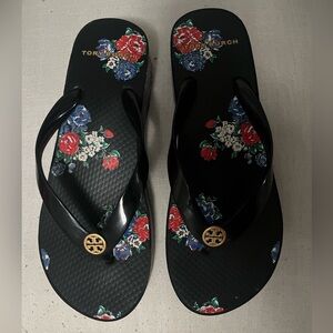 Tory Burch Black Floral Flip Flops